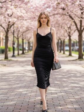 Black Cowl-Neck Midi Slip Dress with Ruched Sides